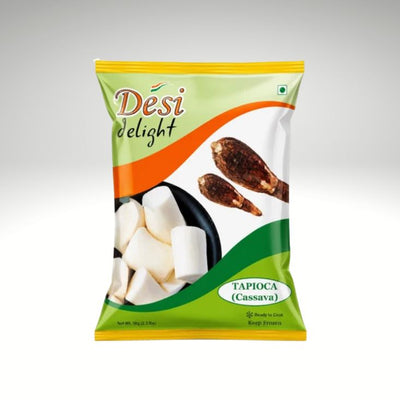 Desi Delight Tapioca (Cassava) 1kg frozen pack with peeled tapioca pieces, ready to cook.
