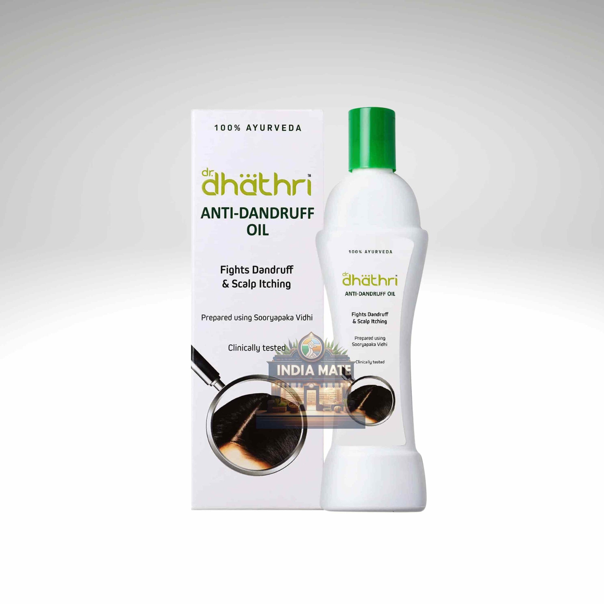 A bottle of dhāthri Anti-Dandruff Oil with a green cap next to its white packaging box, set against a light gray gradient background.