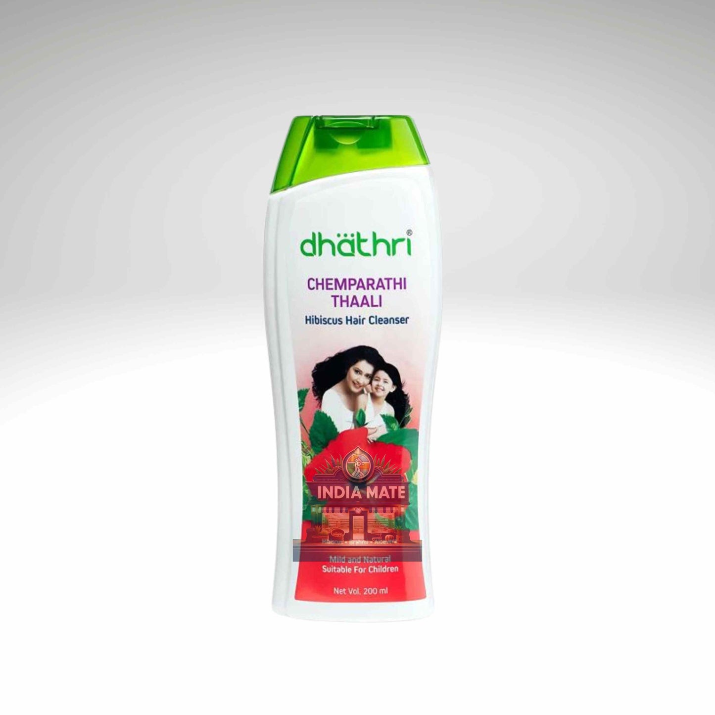 A 200 ml bottle of Dhathri Chemparathi Thaali Hibscus Hair Cleanser, featuring a white bottle with a green cap and a colorful label depicting a couple and the brand name.