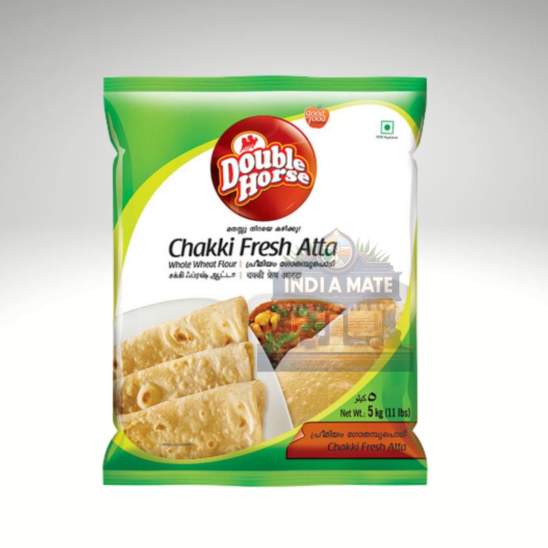 Double Horse Chakki Fresh Atta, finely ground whole wheat flour, shown in branded packaging with clear label and product details.