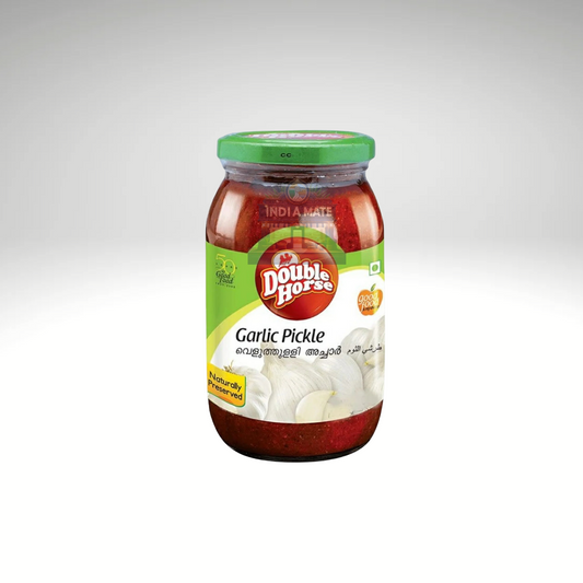 Double Horse Garlic Pickle – jar of spicy garlic pickle with visible garlic cloves.