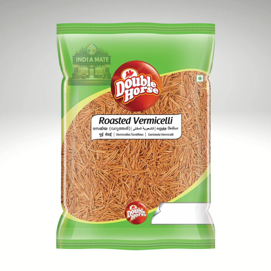 Double Horse Roasted Vermicelli, finely roasted noodle-like pasta ideal for quick and easy dishes, showcased in branded packaging with product details.