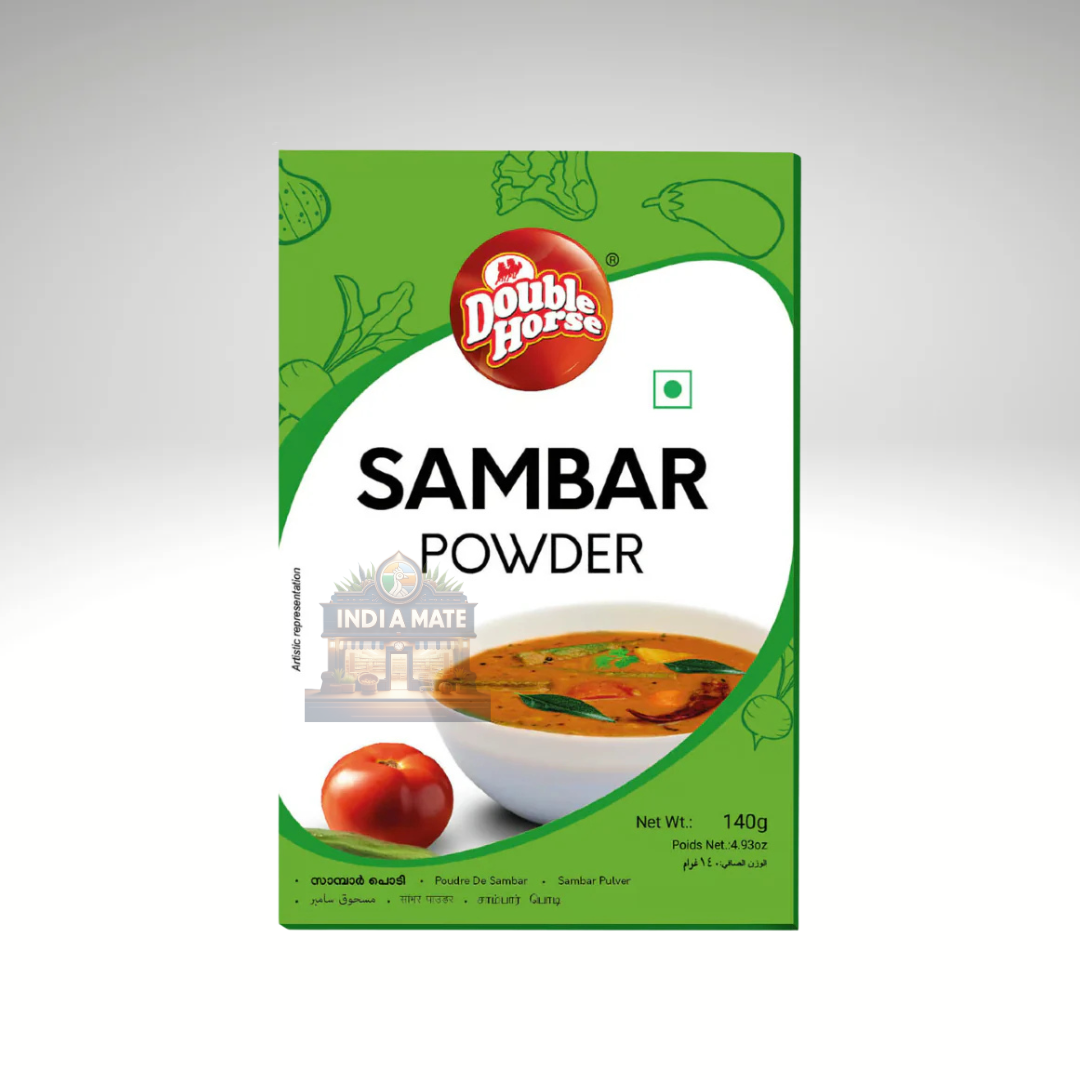 Double Horse Sambar Powder, aromatic spice blend for making authentic South Indian sambar, displayed in vibrant packaging with brand logo and product details.