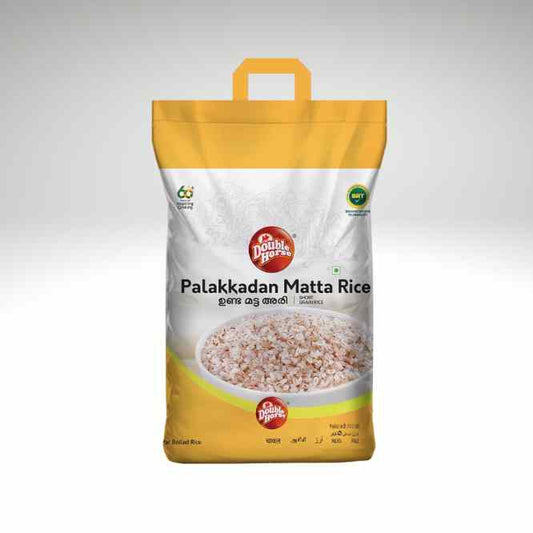 A 10 kg bag of Palakkadan Matta Rice from the brand Double Horse, featuring a yellow and white packaging design with a bowl of rice on the front.