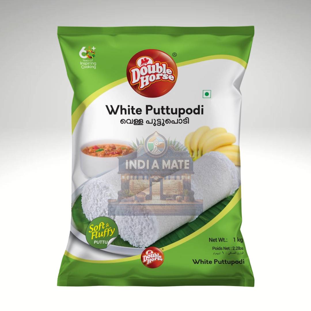 Pack of Double Horse White Puttu Podi, showcasing a finely milled rice flour mix, perfect for making soft, steamed puttu, a traditional South Indian breakfast dish.