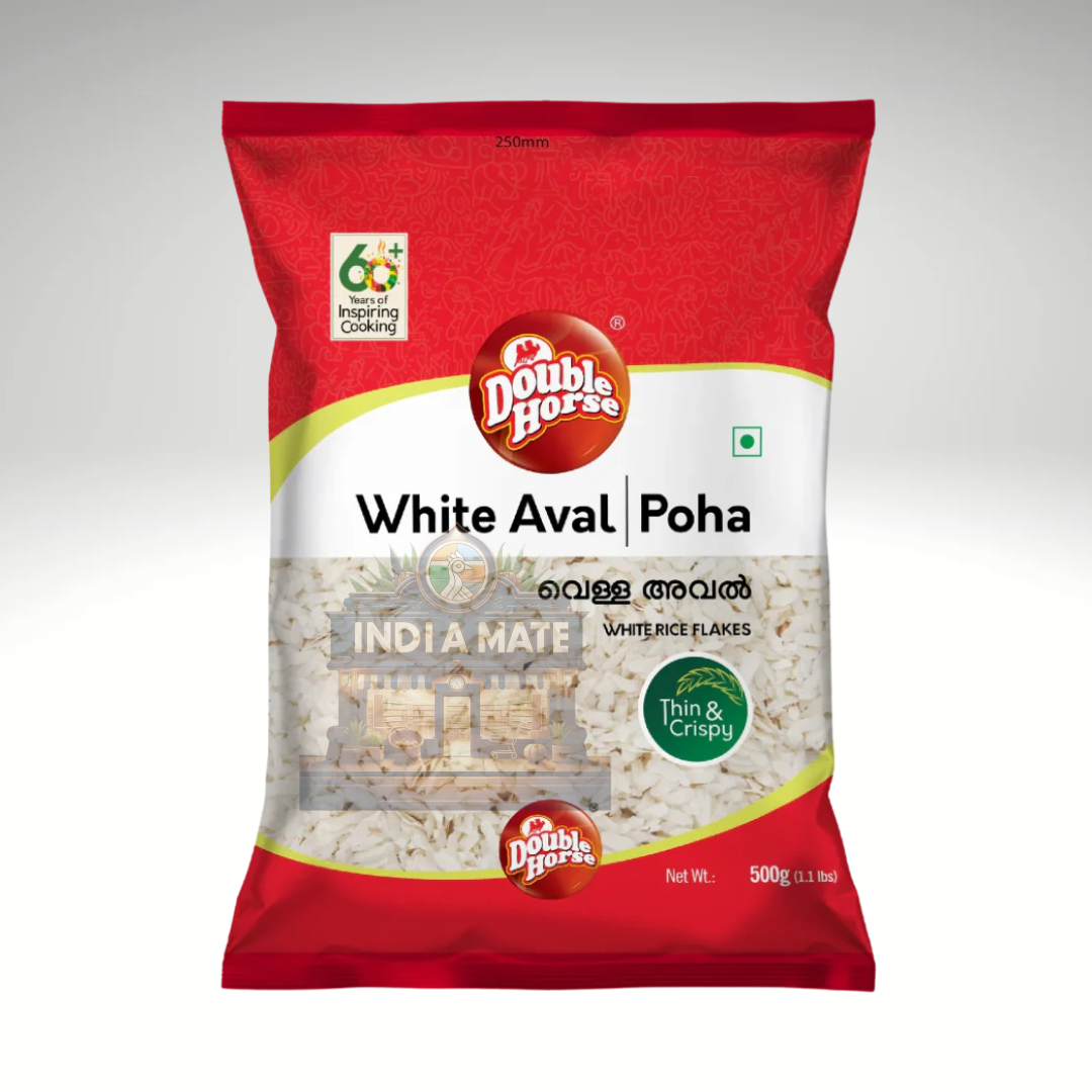 Double Horse White Rice Flakes, light and fluffy poha for quick meals, displayed in vibrant packaging with brand logo and product information.