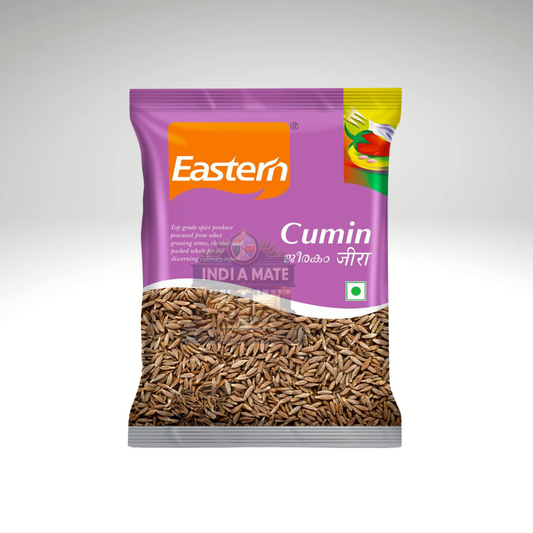 Eastern Whole Cumin Seeds, aromatic spice for enhancing Indian dishes, displayed in branded packaging with product details.