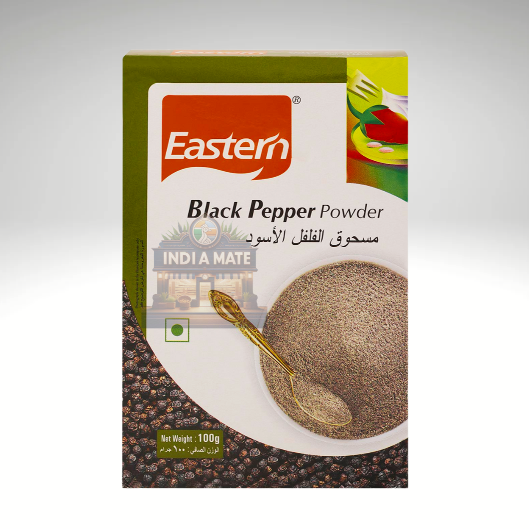 Eastern Black Pepper Powder, finely ground black pepper for adding heat and flavour to Indian dishes, in branded packaging with product details.