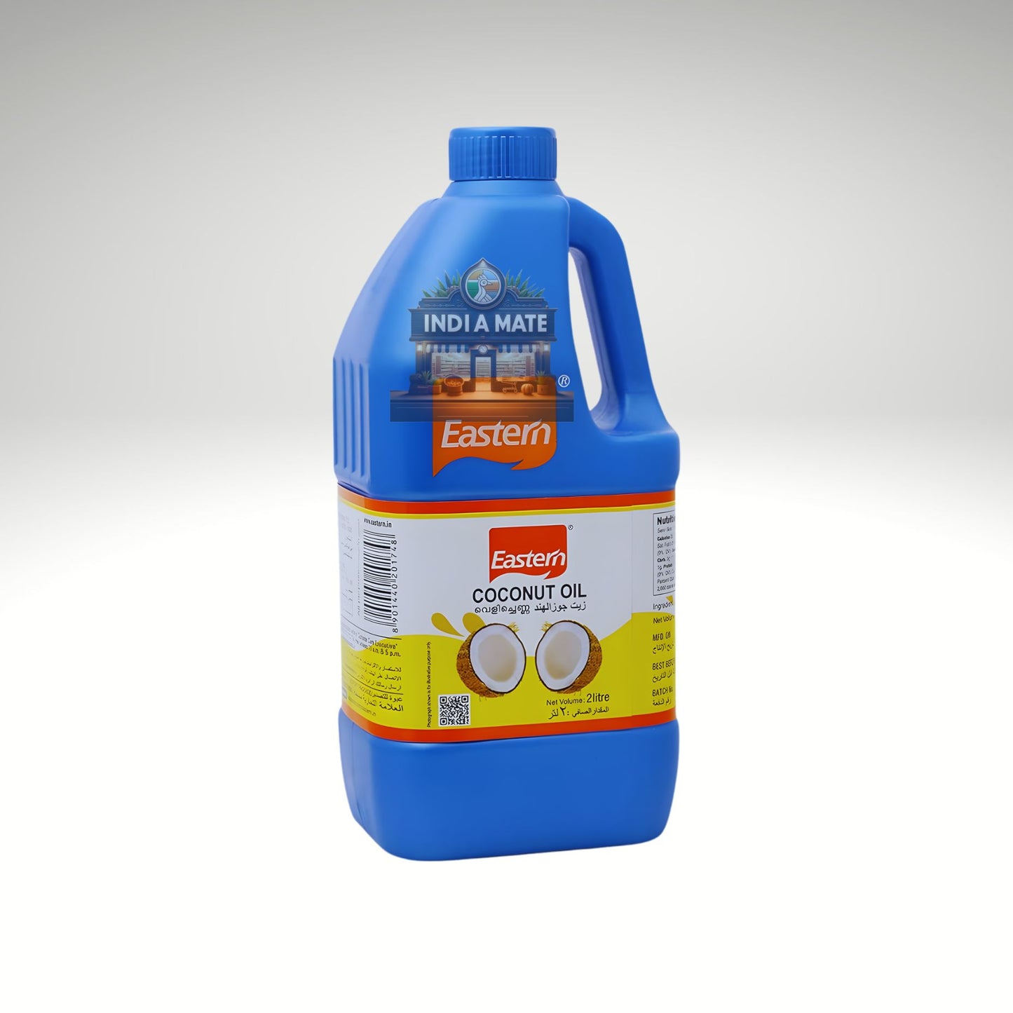 Blue bottle of Eastern coconut oil on a white background.