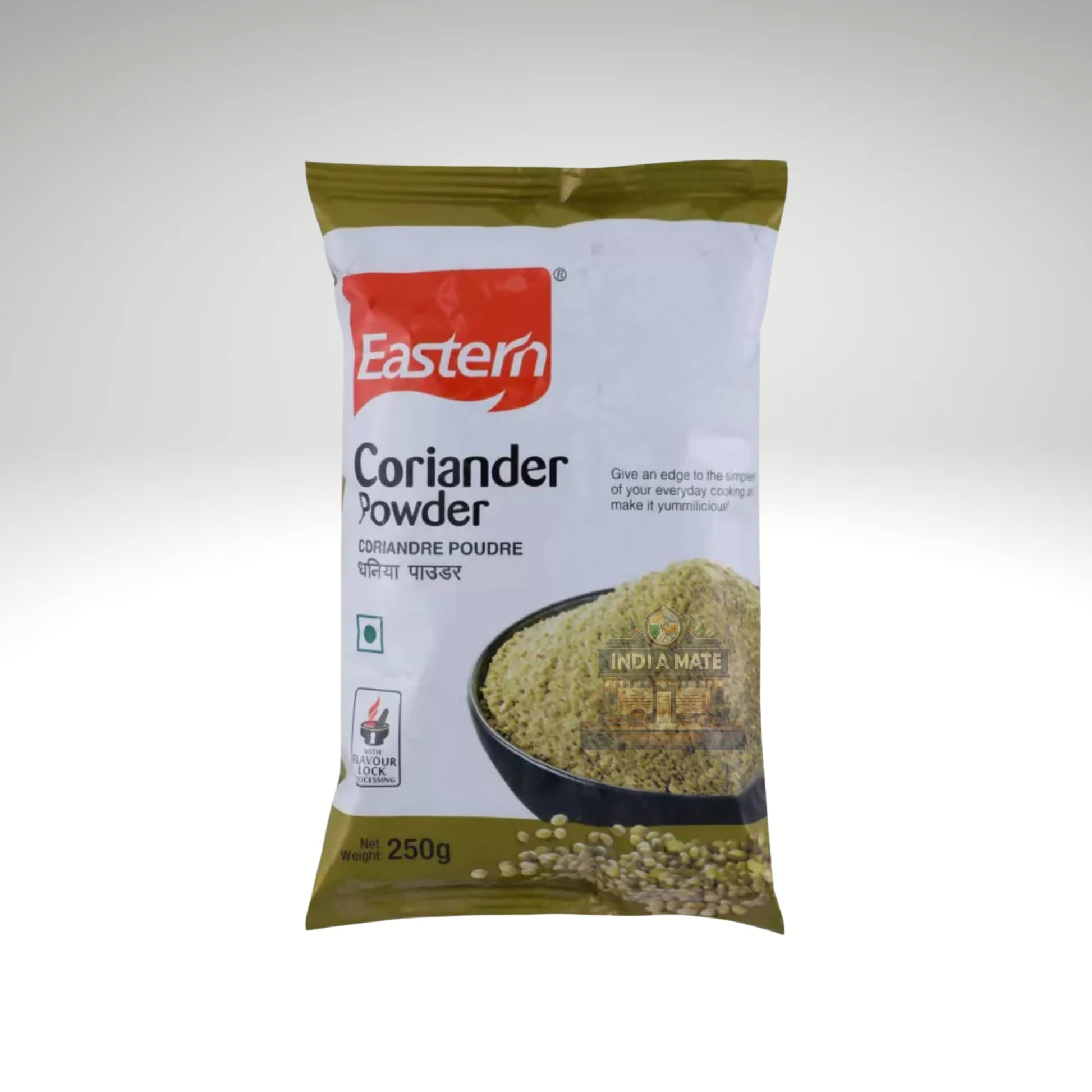 Pack of Eastern Coriander Powder on a white background