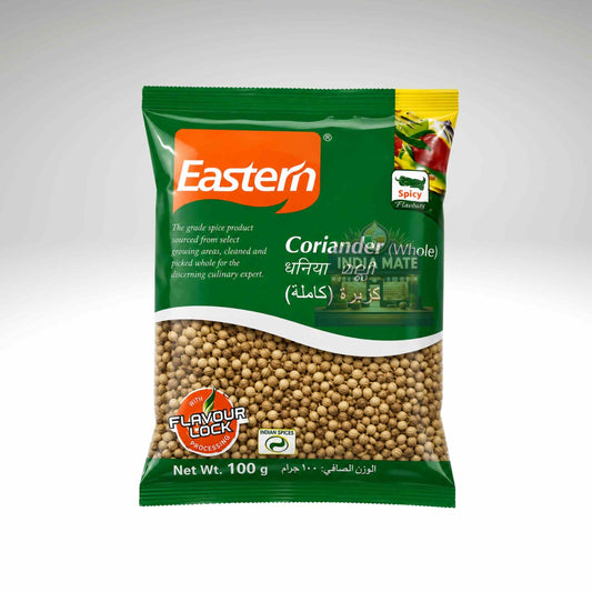 Green package of Eastern Coriander on a white background