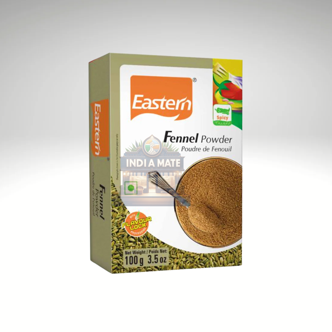 Eastern Fennel Powder, finely ground aromatic fennel spice for Indian cooking, displayed in branded packaging with product details.