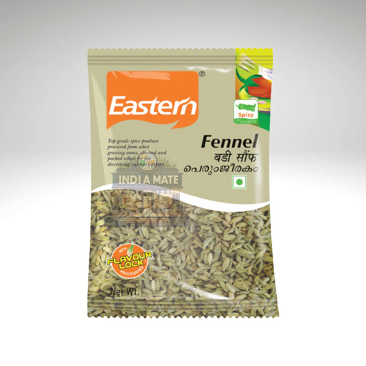 Eastern Whole Fennel Seeds, aromatic and flavorful seeds ideal for Indian cooking, displayed in branded packaging with product details.