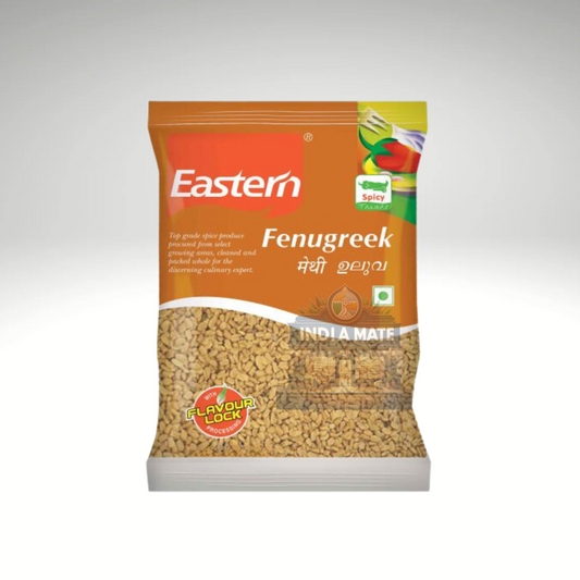 Eastern Fenugreek Seeds, high-quality aromatic seeds for Indian cooking, displayed in branded packaging with product details.