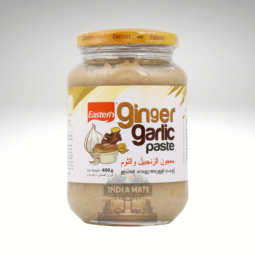 Eastern Ginger Garlic Paste, aromatic blend of fresh ginger and garlic, shown in branded packaging with product details.