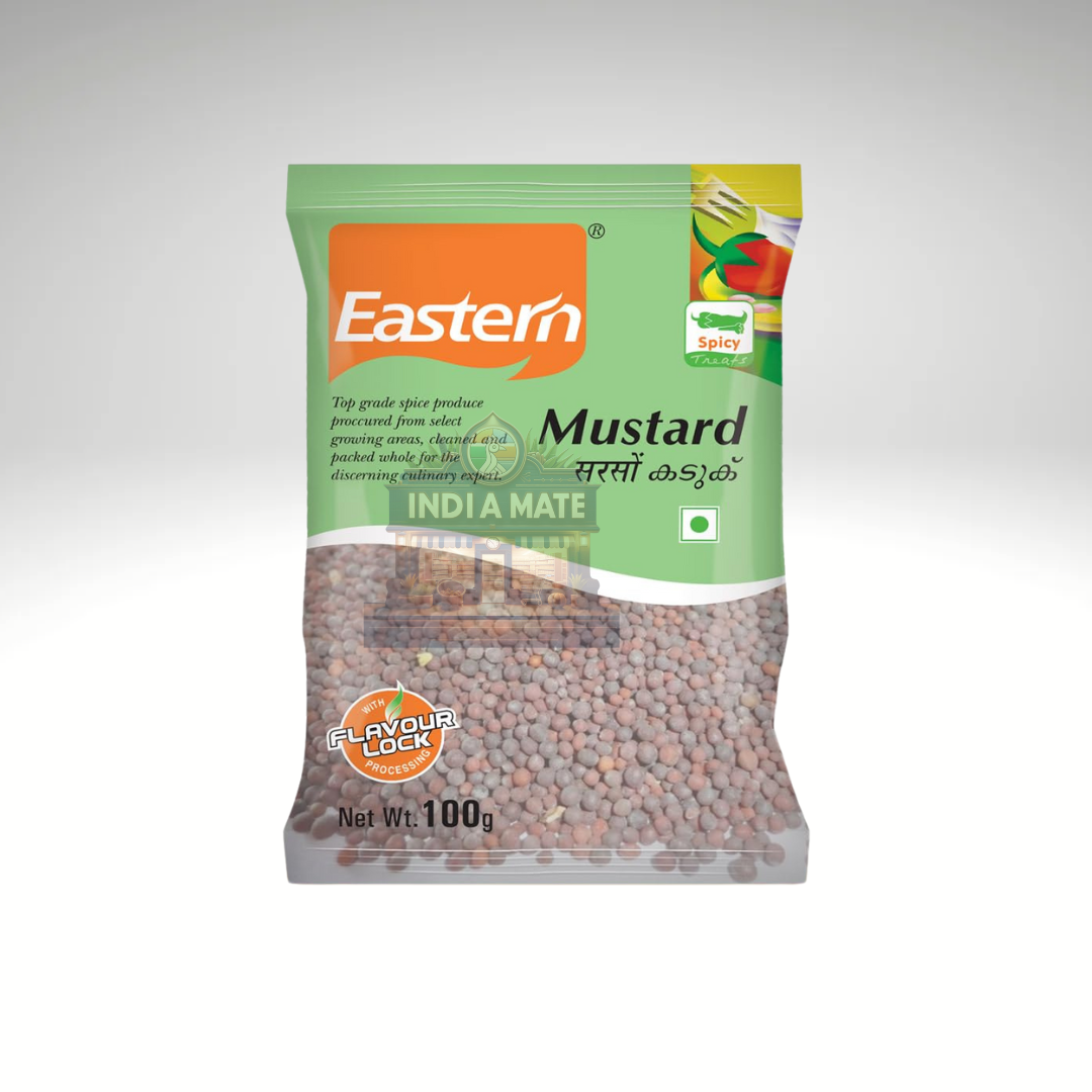 Eastern Whole Mustard Seeds, high-quality mustard seeds for Indian cooking, displayed in branded packaging with product details.