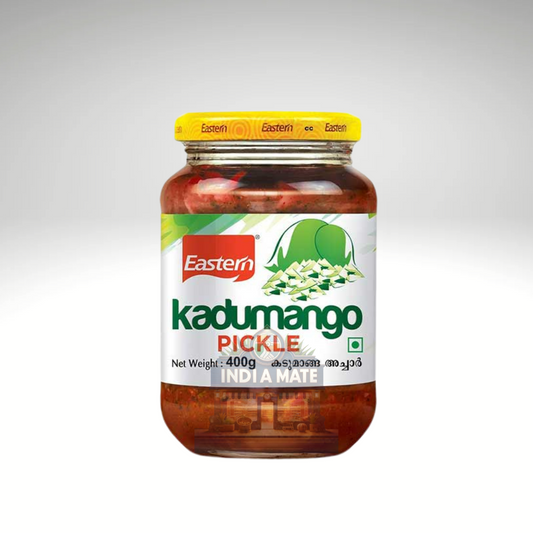 Eastern Kadumango Pickle, tangy and spicy raw mango pickle, showcased in vibrant packaging with brand logo and product details.