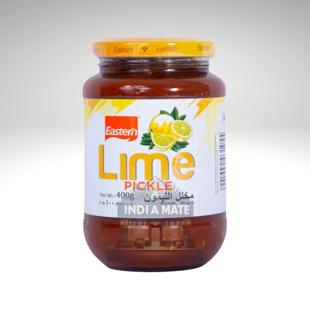 Eastern Lime Pickle, zesty and flavorful lime pickle, presented in colourful packaging with brand logo and product details.