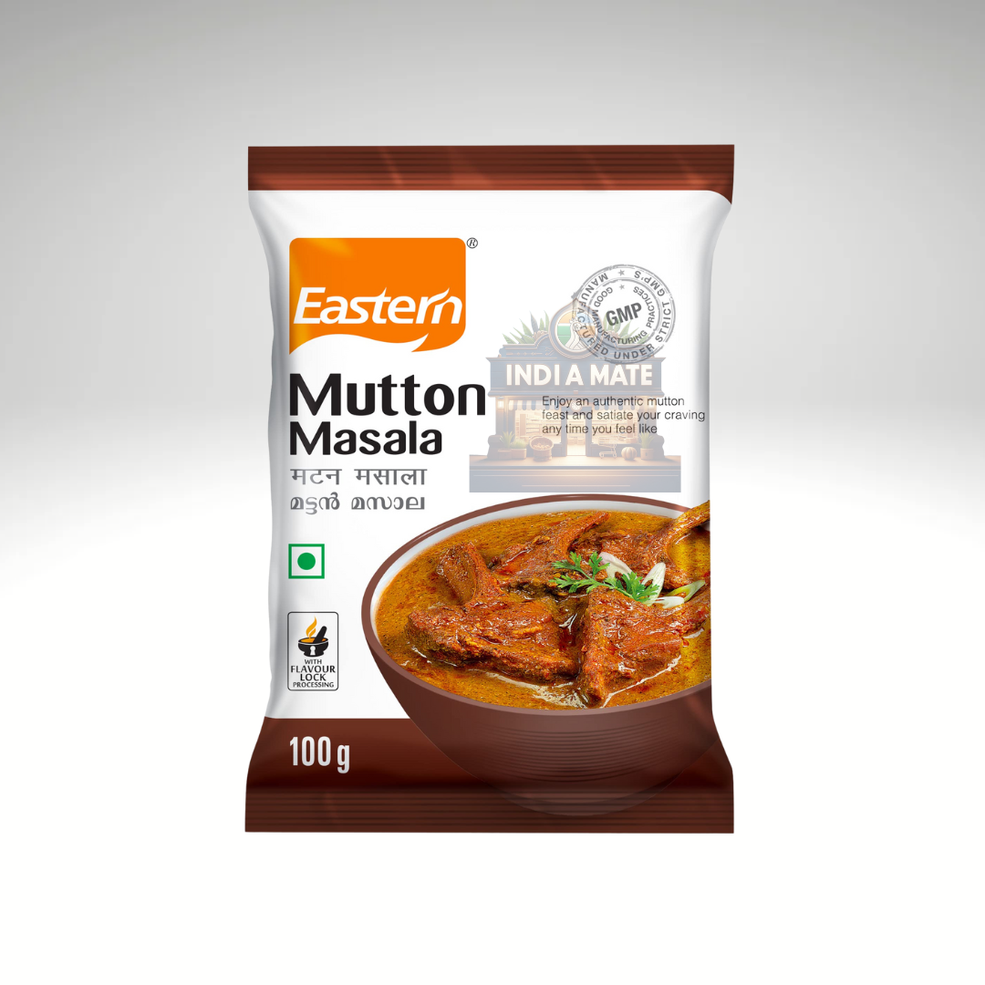 Eastern Mutton Masala, flavorful spice mix for preparing delicious mutton dishes, displayed in vibrant packaging with brand logo and product details.