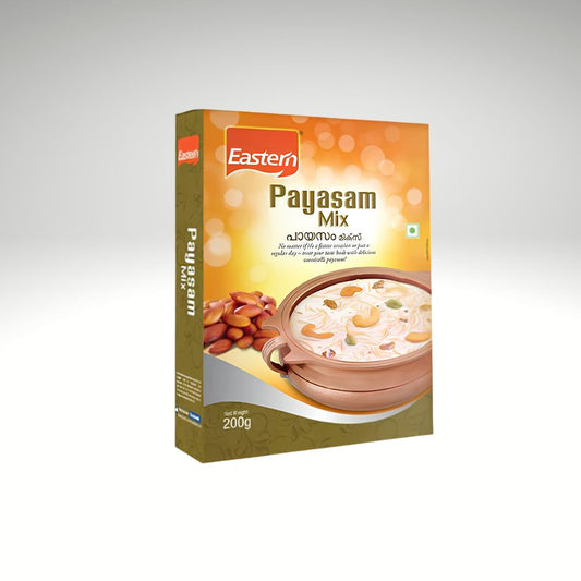 A 200g box of Eastern Payasam Mix, featuring a golden-yellow and brown design with an illustration of a traditional clay pot of sweet rice pudding and cashews.