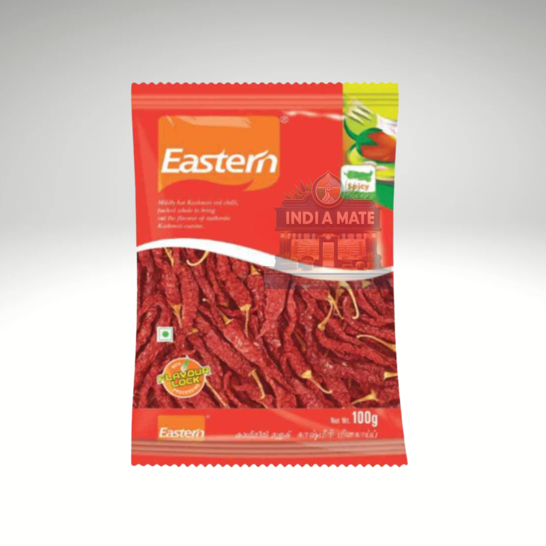 Eastern Whole Chilli, premium dried whole red chilies for authentic spice and flavour, displayed in branded packaging with product details.