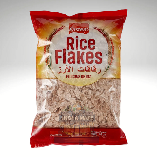 Eastern Rice Flakes, light and crispy flakes of rice for quick preparation, showcased in colorful packaging with brand logo and product details.