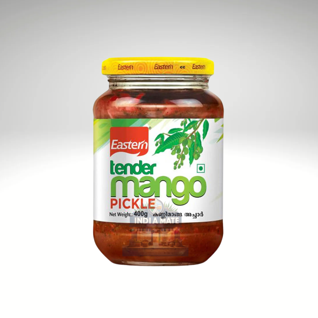 Jar of Eastern Tender Mango Pickle, featuring diced tender mango pieces marinated in a flavorful blend of spices, perfect for enhancing meals with a tangy and spicy kick.