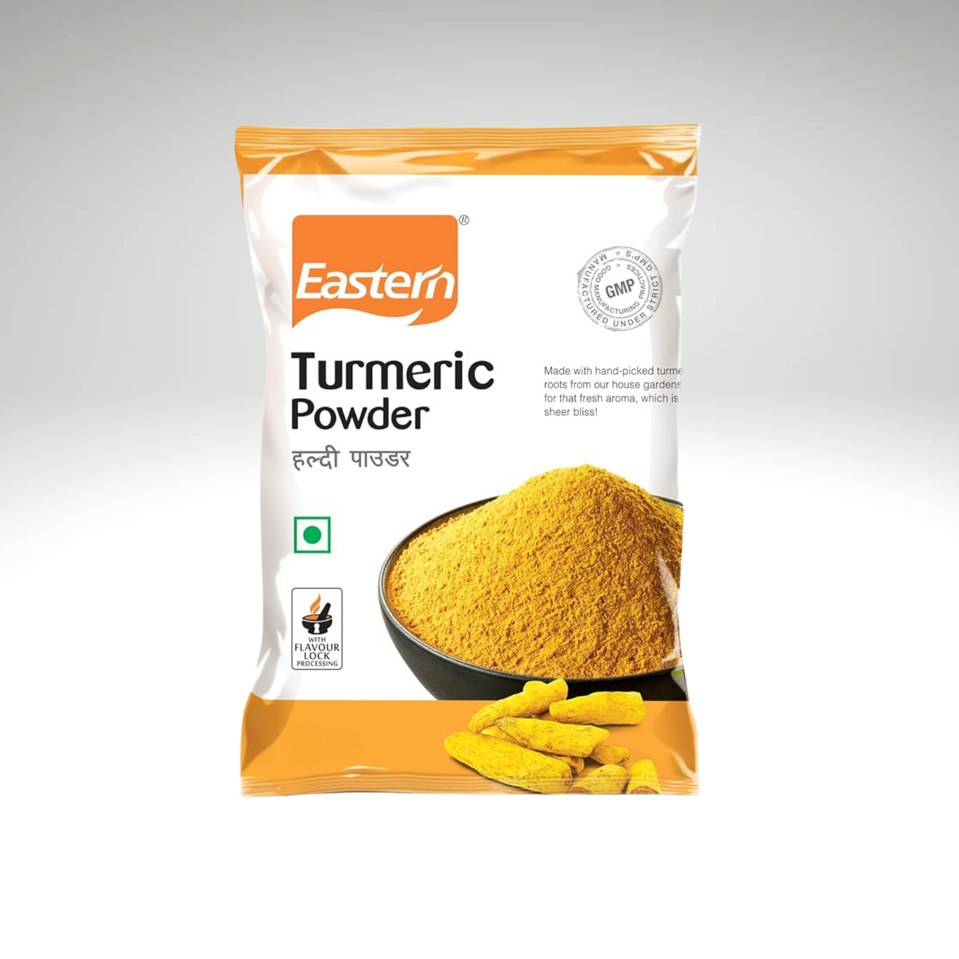 Eastern Turmeric Powder, vibrant and pure ground turmeric spice, displayed in branded packaging with product details.