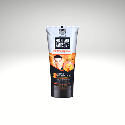 Tube of 'Smart and Handsome' brightening cream for men on a white background