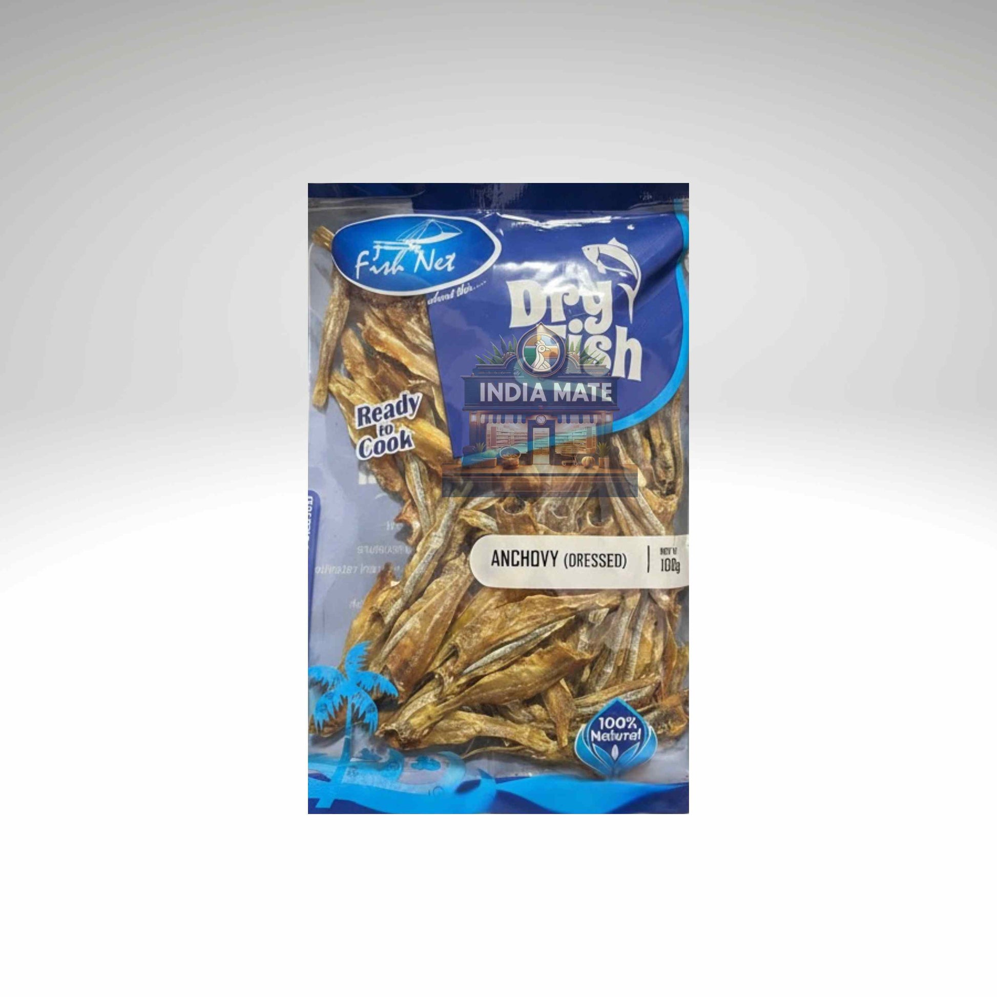 Packaged dry fish product with blue label on a white background