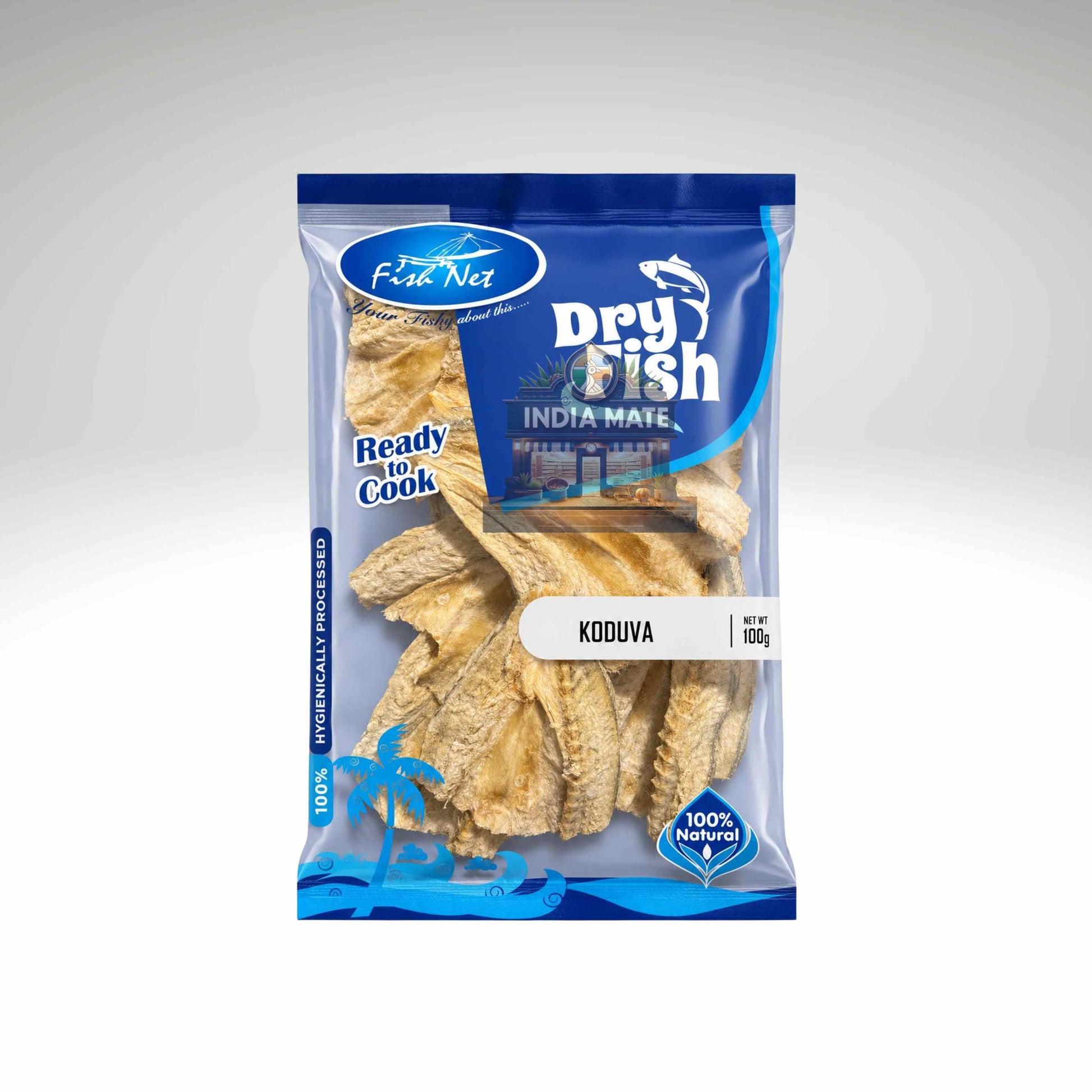 Packaged dry fish product with blue and white packaging on a gray background