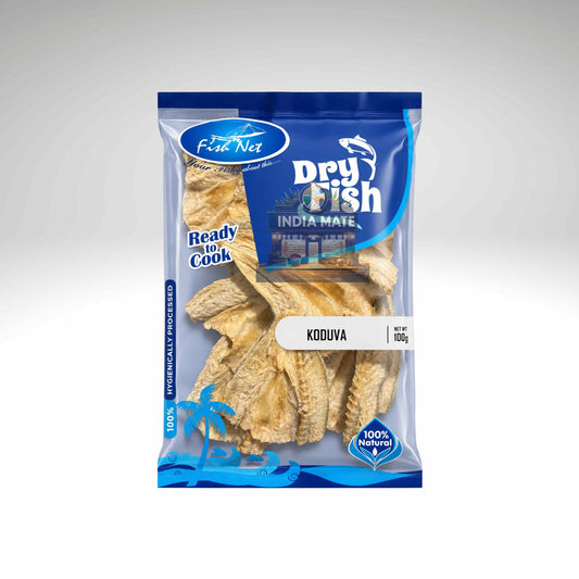 Packaged dry fish product with blue and white packaging on a gray background