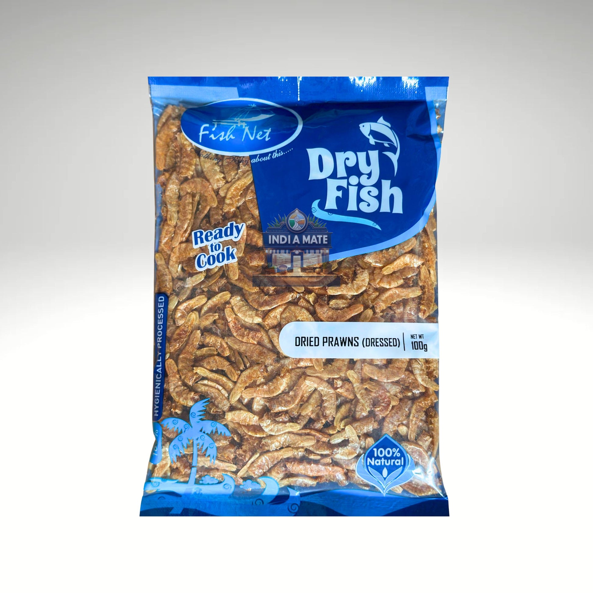 Fish Net Dry Prawns Cleaned Tail Off  – ready-to-cook dried prawns. Sold by IndiaMate.