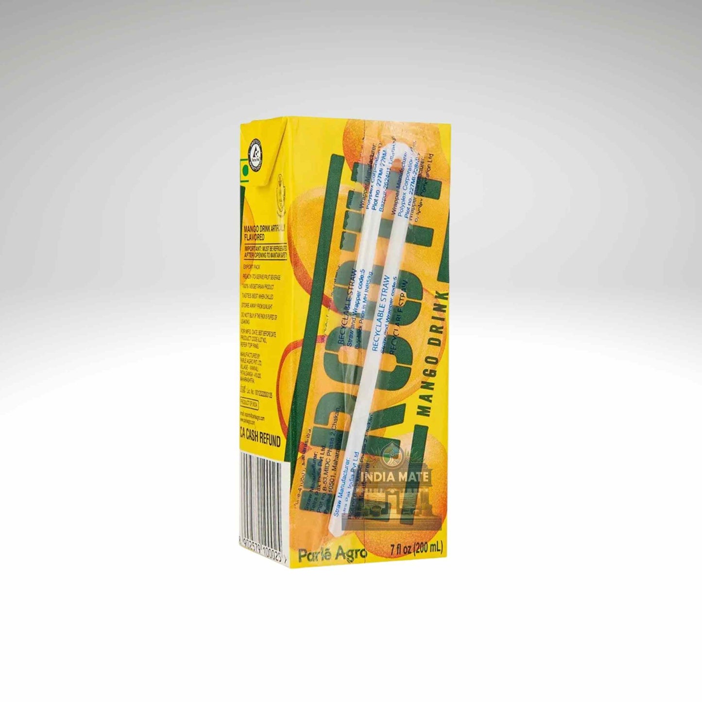 Box of Frooti mango drink with two straws on a white background.