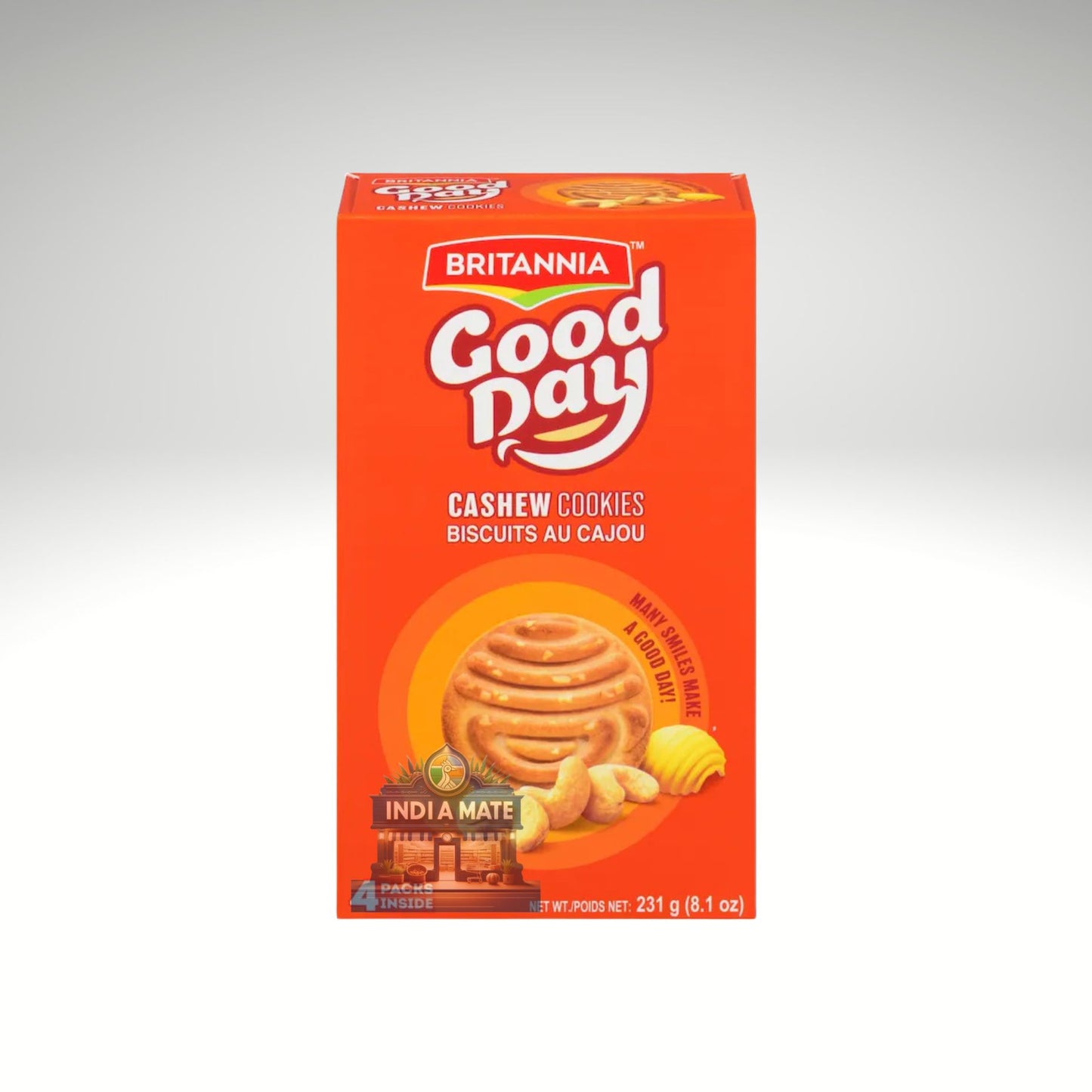 Orange Box of Britannia Good Day Cashew Cookies on a white background.