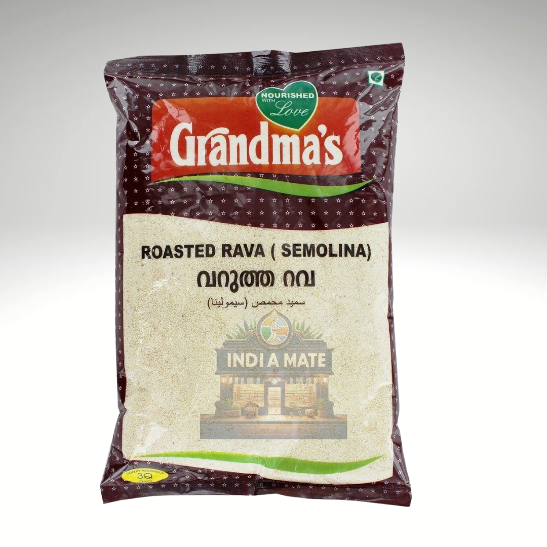 Pack of Grandma's Roasted Rava, showcasing finely roasted semolina, ideal for making flavorful dishes like upma or halwa, adding a delightful taste and texture.