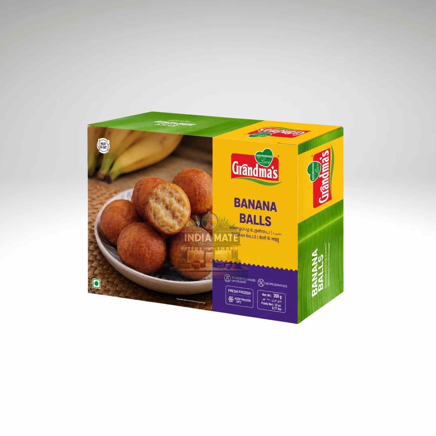 Box of Grandma's Banana Balls with a picture of banana balls and bananas on a white background