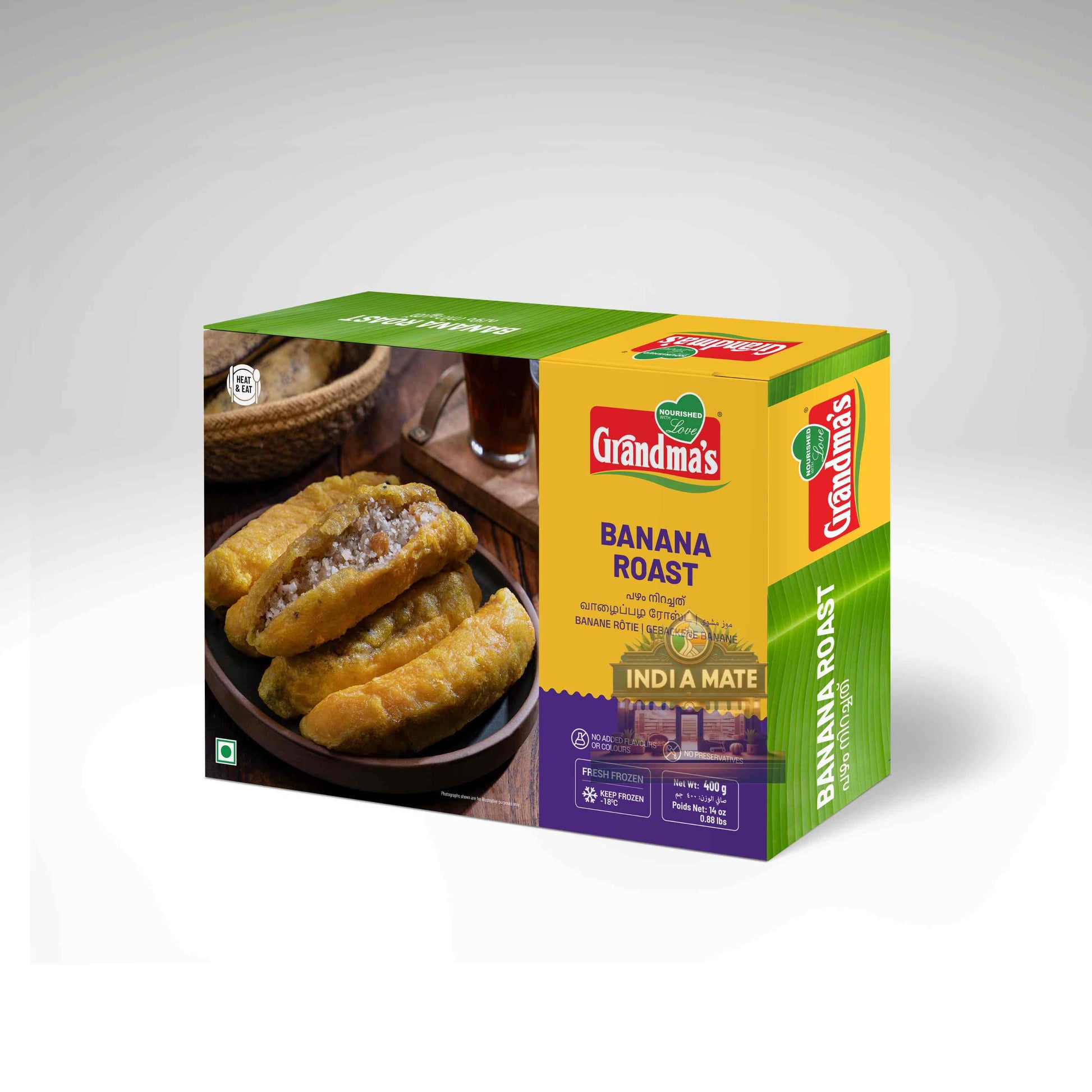 Box of Grandma's Banana Roast with a bowl of banana roasts on a white background