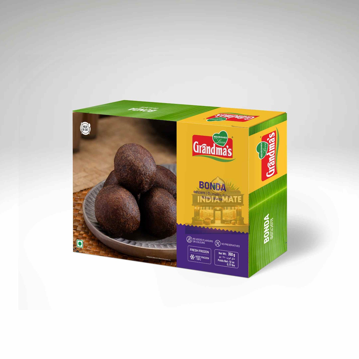 Box of Grandma's Bonda India Mate with a bowl of boulders on a white background