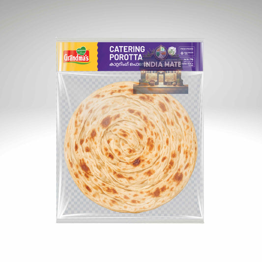 Packaged catering porotta with 'Grandma's' branding on a gray background