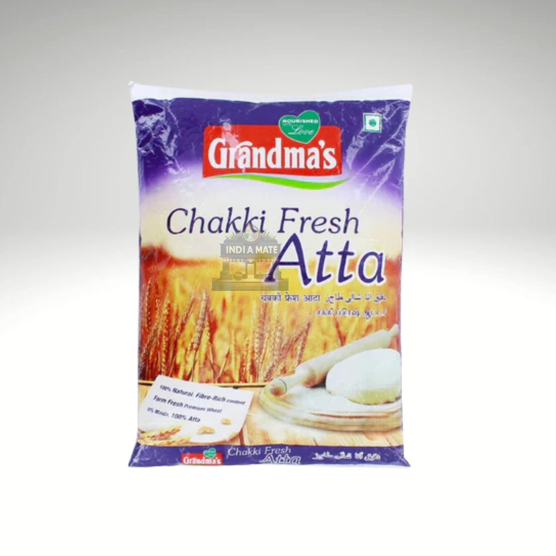 Grandma's Wheat Flour (Atta) packaging featuring premium whole wheat flour for soft and fluffy chapatis.