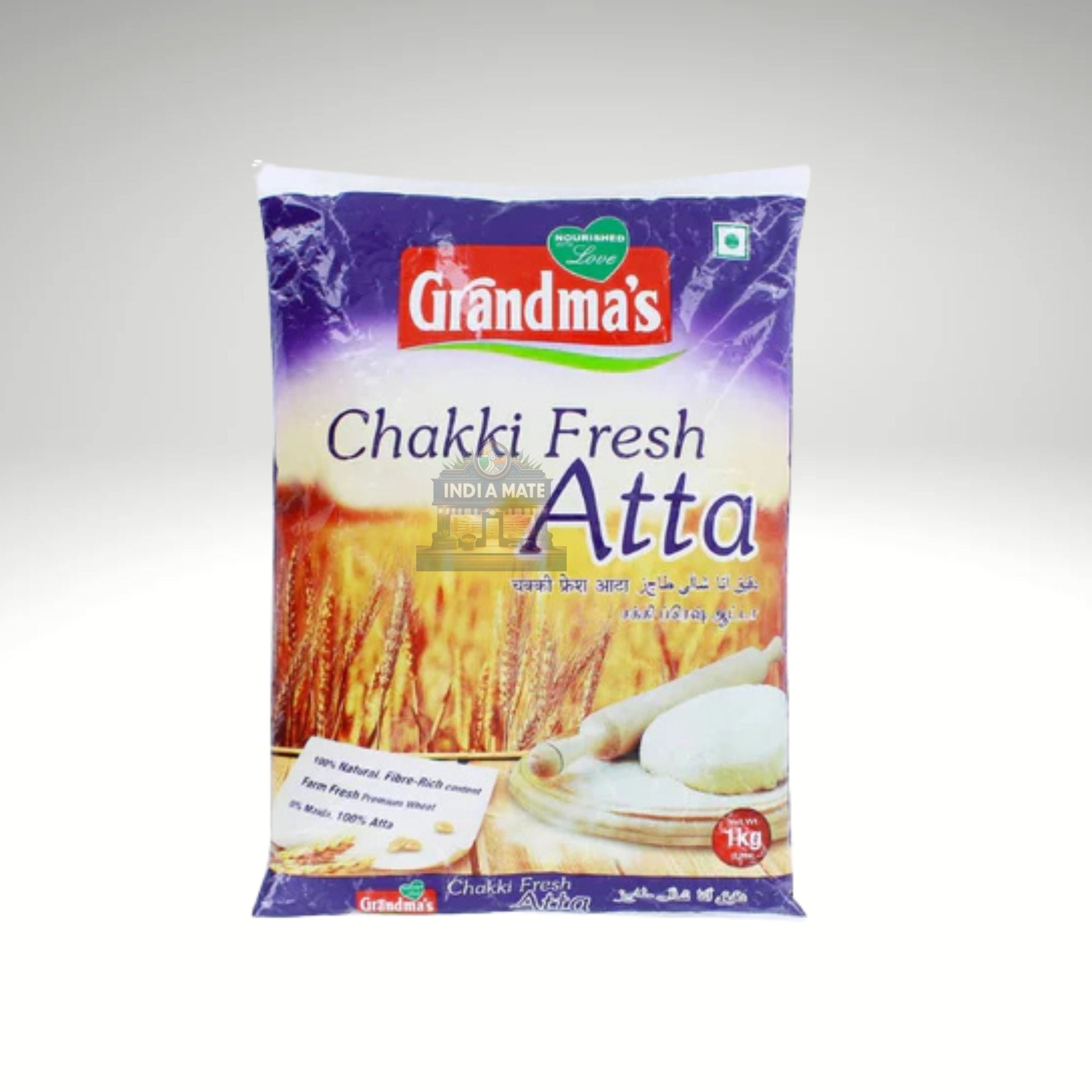 Grandma's Wheat Flour (Atta) packaging featuring premium whole wheat flour for soft and fluffy chapatis.