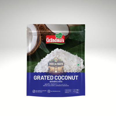 Package of Grandmas Grated Coconut fresh frozen grated coconut pack for cooking and baking on a white background.