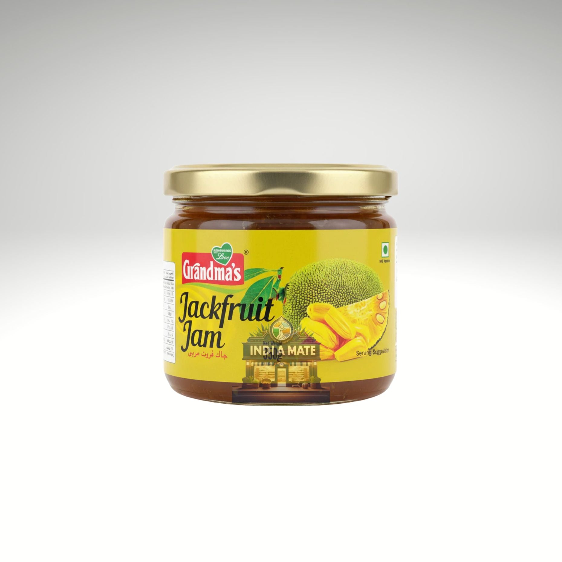 Jar of Grandma's Jackfruit Jam on a white background.