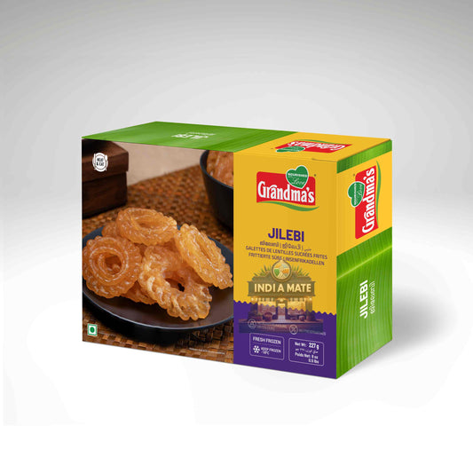 Grandma's Jilebi packaging with jalebis on a plate