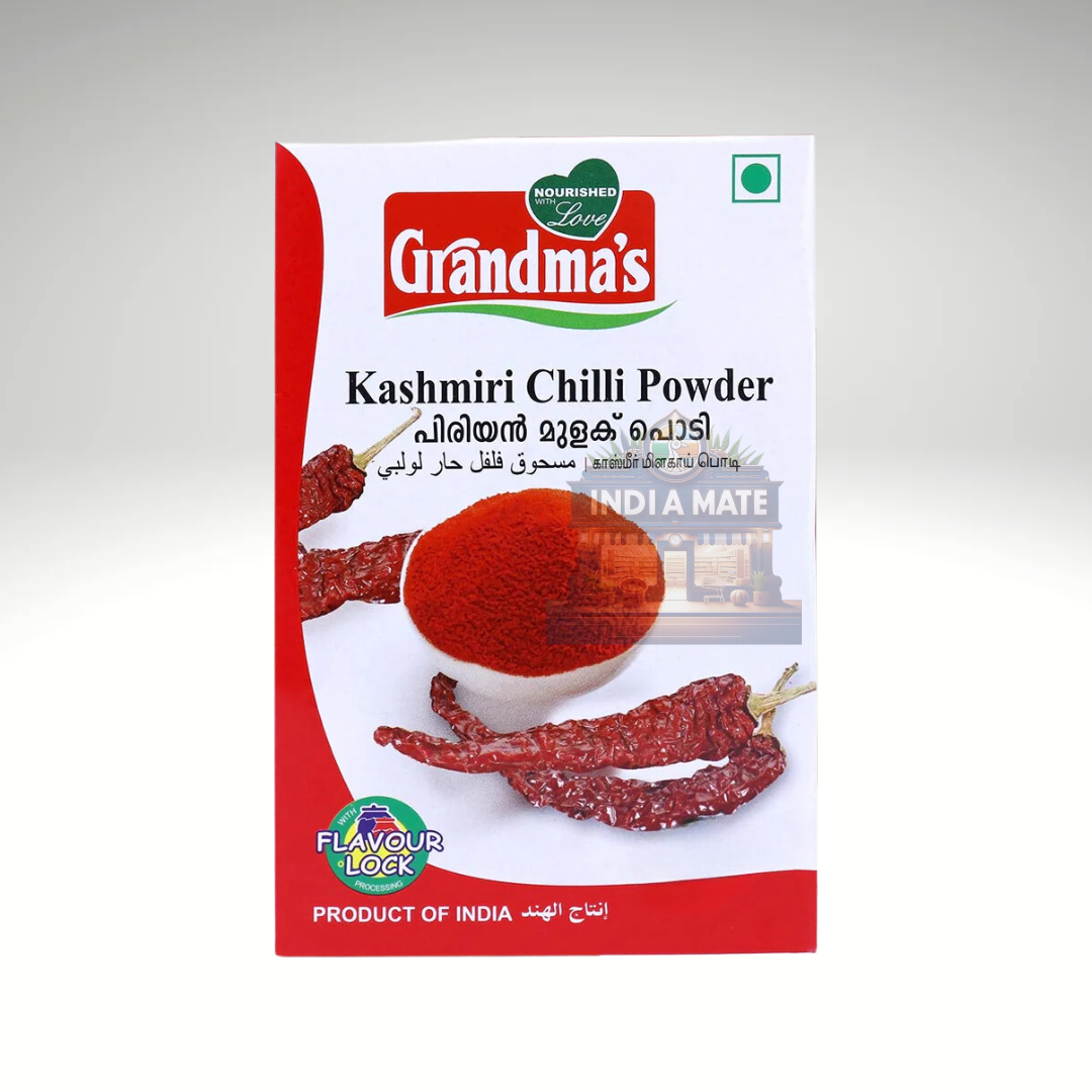 Grandma's Kashmiri Chilli Powder, vibrant red chili powder for adding mild heat and color to Indian dishes, presented in a charming packaging design.