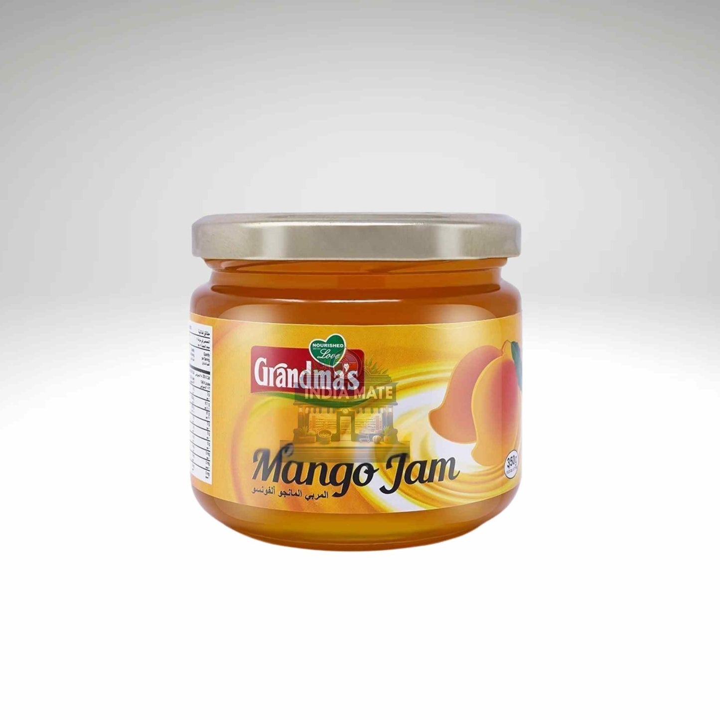 Jar of Grandma's Mango Jam on a white background
