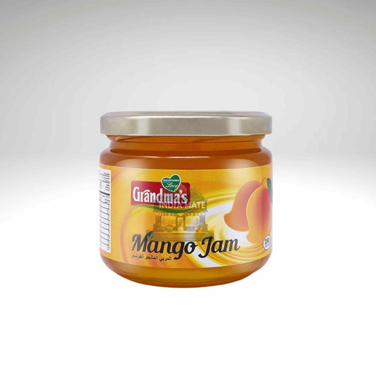 Jar of Grandma's Mango Jam on a white background