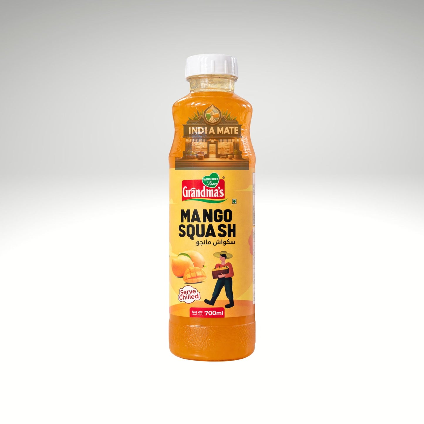 Bottle of Grandma's Mango Squash on a white background