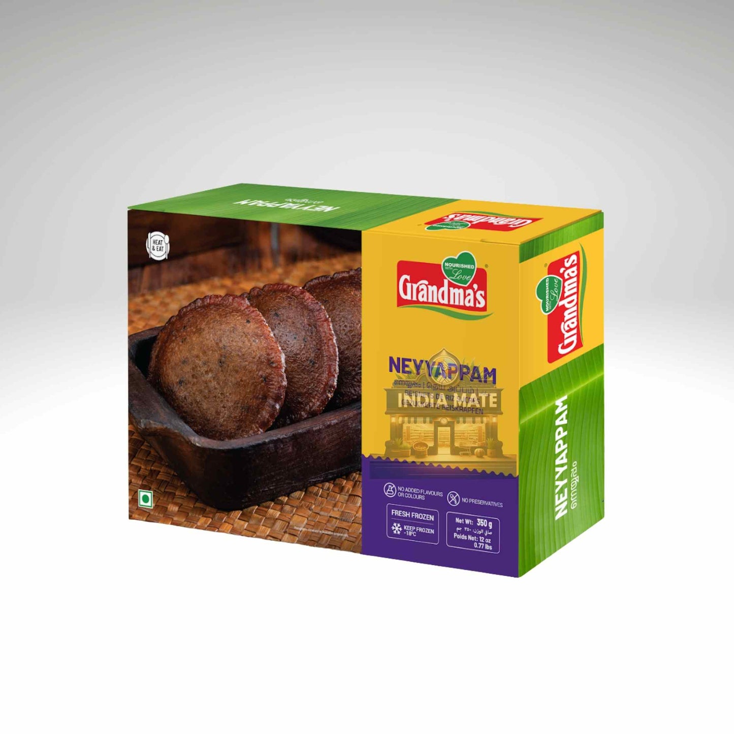 Box of Grandma's Neyyappam with a green and yellow design on a white background